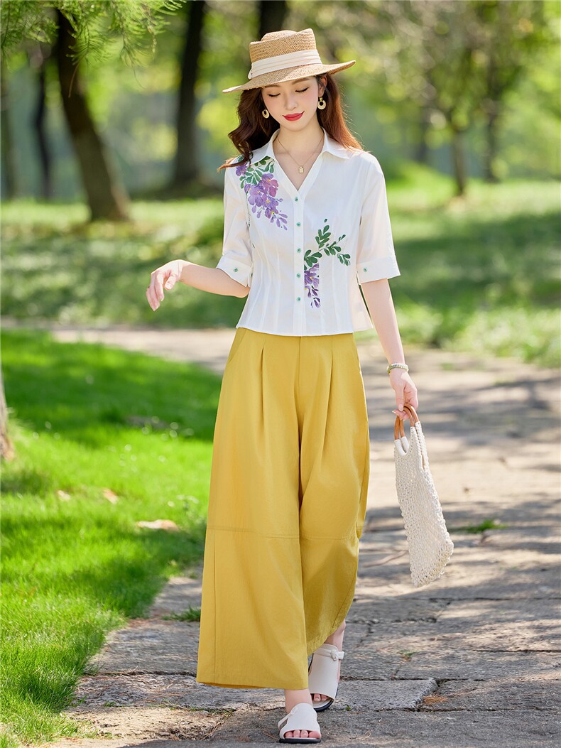 轻熟风时尚小翻领衬衫套装女2026夏气质绣花上衣阔腿裤两件套,女装套装/套裙,水衣源