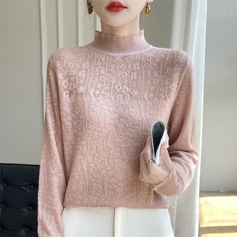 断码清仓衫女花边羊毛春秋蕾丝半高领提花针织衫毛衣打底衫,针织衫/毛衣,暖娇绒包芯纱店