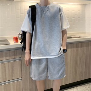 休闲运动短袖短裤两件套潮男搭配衣服华夫格假两件套装 T1321-P40图片