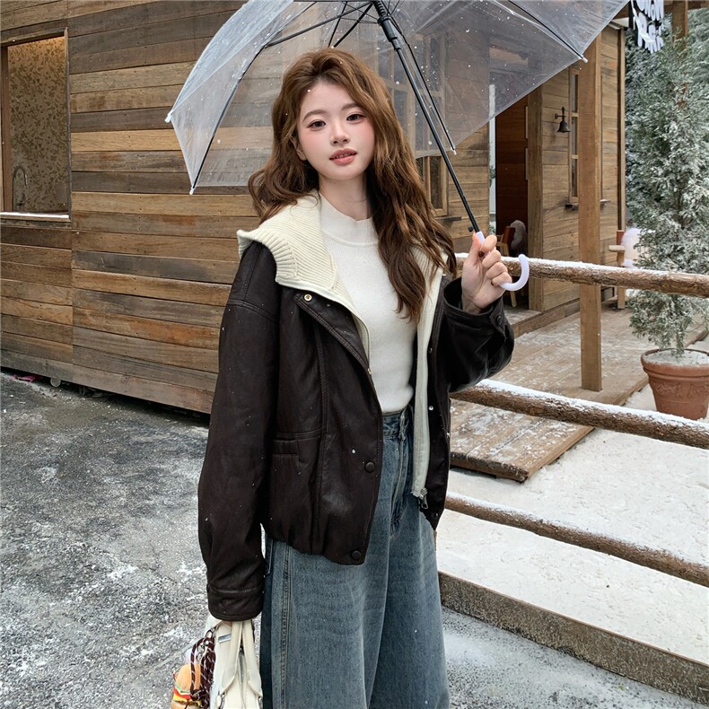 韩版针织连帽假两件短款羽绒服女2025冬装保暖皮衣夹克外套上衣潮图片