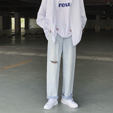 阔脚牛仔裤破洞男士直筒宽松潮流刮烂坠感九分裤子男9分c，男装牛仔裤，星座1008