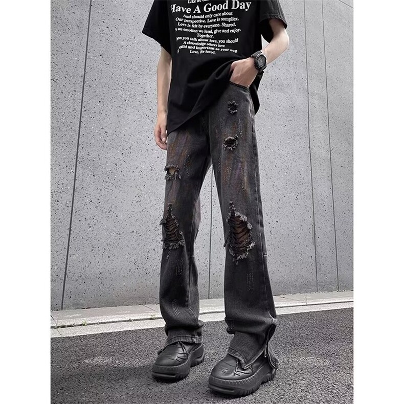 彩色喷墨牛仔裤男夏季暗黑高街痞帅做旧裤子水洗破洞青少年休闲裤图片