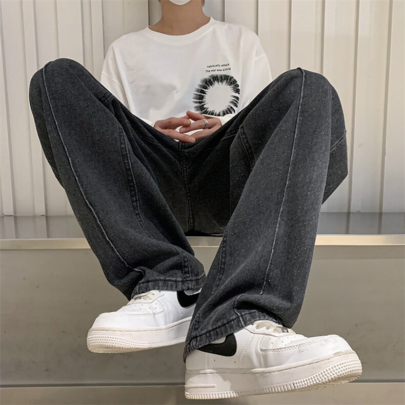 D321-1-DM173-P45男装港风宽松直筒阔腿纯色四季款牛仔长裤,男装休闲裤,电商D321-1