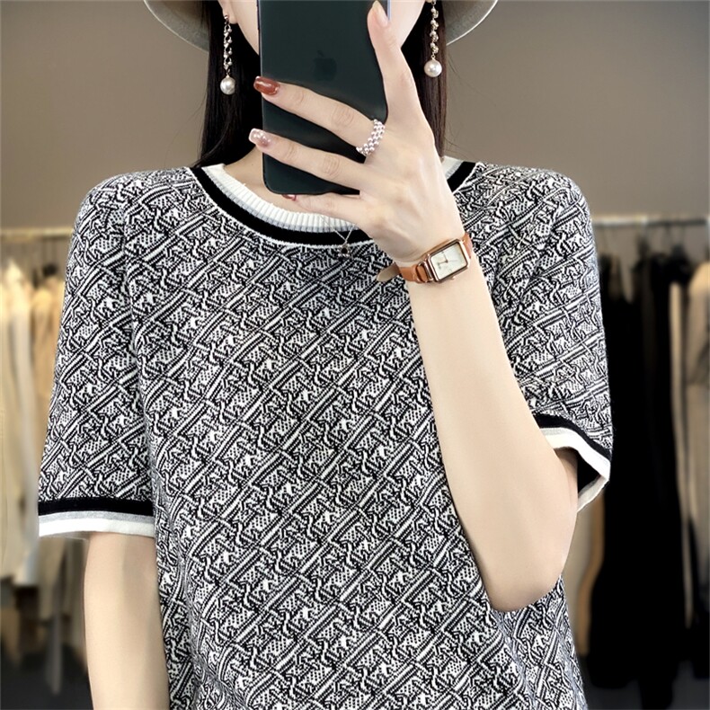 23夏季新款纯棉T恤女宽松圆领拼色短袖百搭显瘦针织棉麻半袖上衣图片
