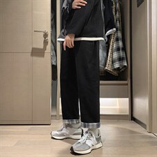 翻边格子裤子男韩版潮流休闲裤新款ins直筒宽松九分裤男BK65-P30图片
