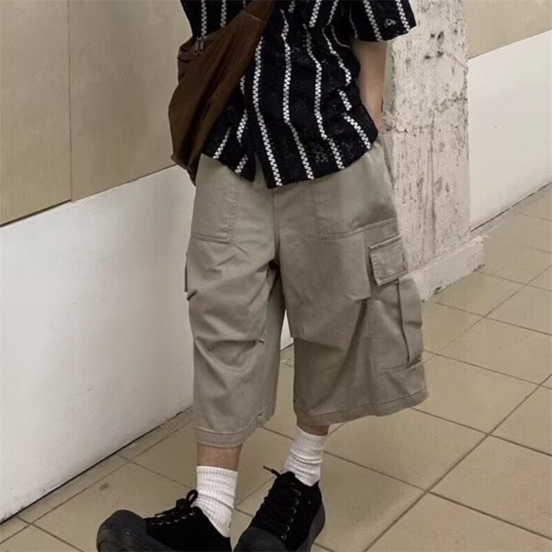 美式复古纯色牛仔七分裤多口袋设计工装裤水洗短裤男女潮流2025夏,女装休闲裤,星座506A