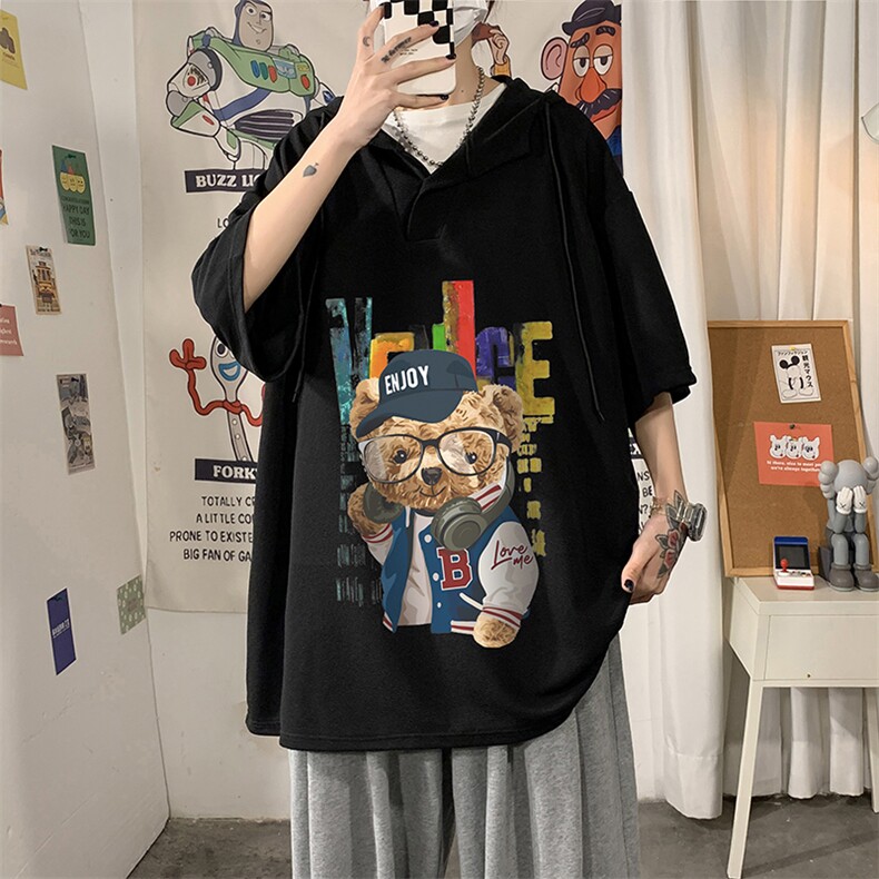 LD54211-P45连帽短袖t恤男大码胖子带帽五分袖中袖海报风,男装T恤,电商A040