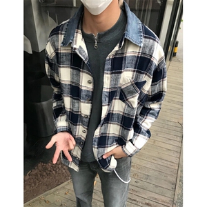 春秋季减龄翻领格子衬衫男拼接领女韩版休闲长袖上衣潮 C53图片