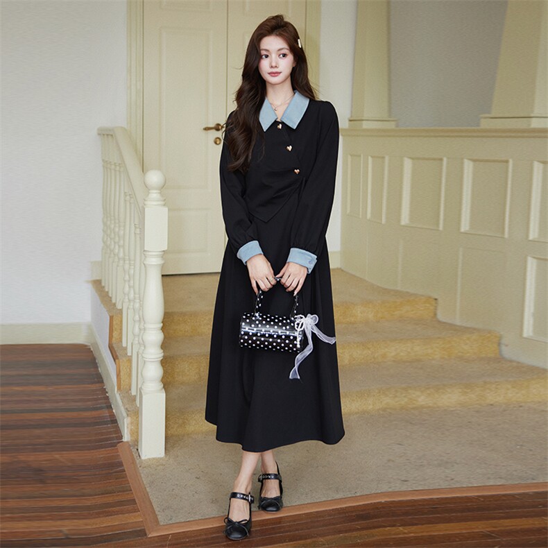 2025秋季新款赫本风黑色拼接气质连衣裙女设计感收腰显瘦长袖裙子，女装连衣裙，艾米