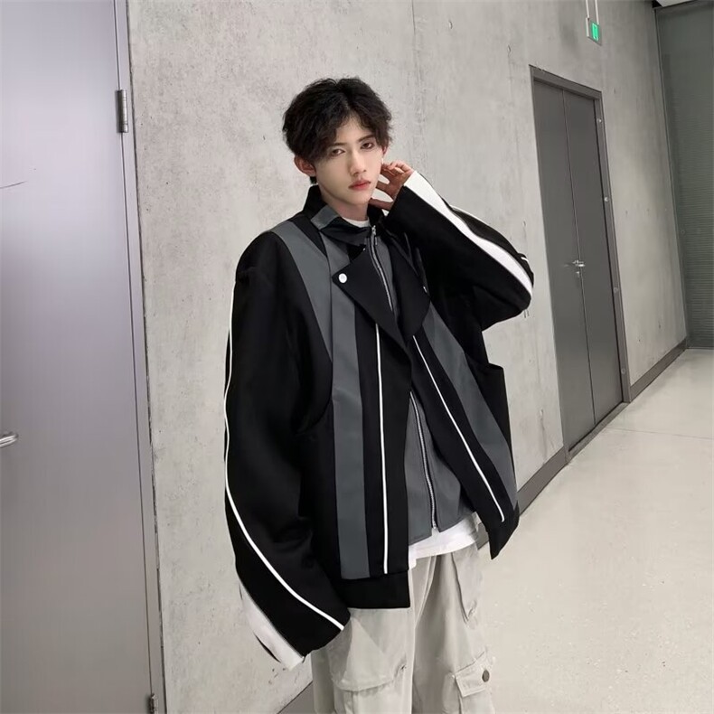 2024拼接外套垫肩机车服美式潮牌PU皮夹克PY139-P97,男装皮衣,星座313A-2