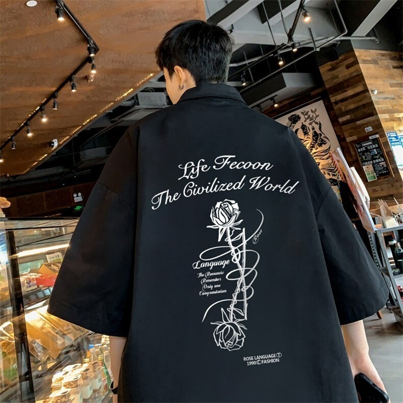短袖衬衫男夏季新款简约cleanfit玫瑰图案印花设计感宽松翻领上衣,男装T恤,星座1210-1