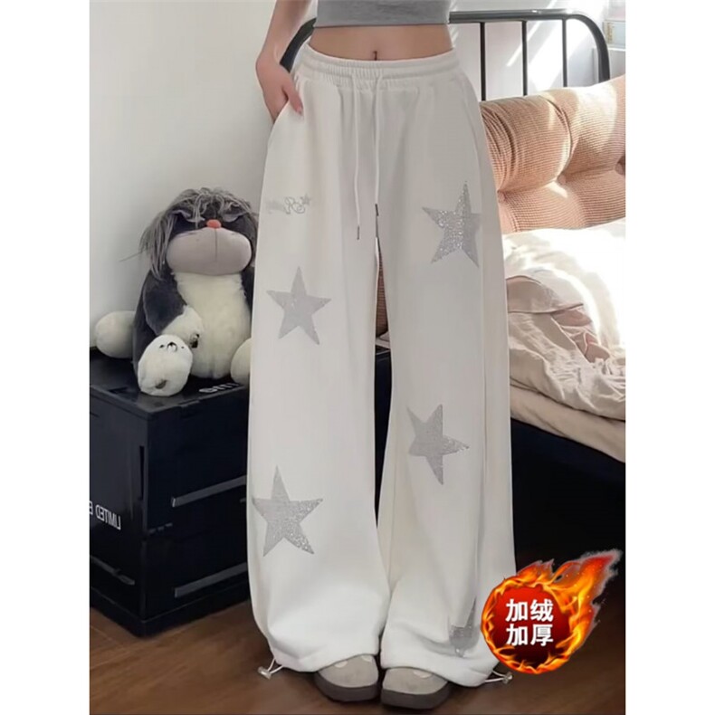 美式复古星星烫钻卫裤女阔腿宽松慵懒显瘦加绒高腰百搭直筒休闲裤图片