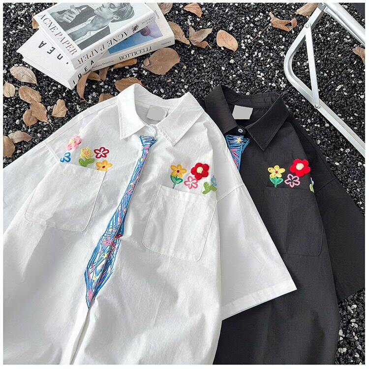 SEVP创意设计感花卉蜡笔手绘领带短袖衬衫男女趣味学院风涂鸦衬衣，男装工装外套，星座1013