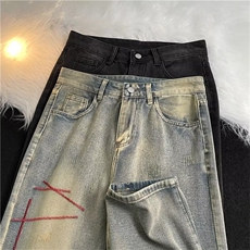 美式牛仔裤男高街潮牌vibe情侣宽松刺绣直筒长裤秋季N1033-P43，男装牛仔裤，星座1008