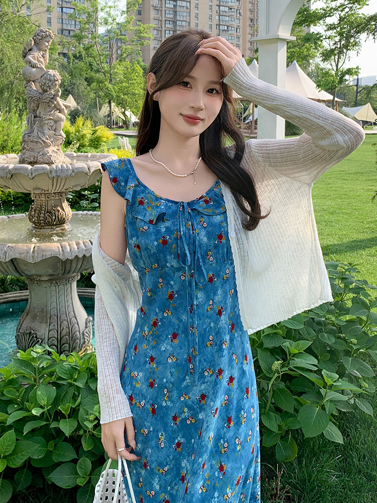 蓝色荷叶领碎花连衣裙女2025夏季新款韩系甜美修身显瘦吊带长裙潮,女装连衣裙,玖莱伊