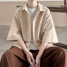 条纹复古日系夏季五分袖ins痞帅外套男装衬衫B225-C6065-P65-X85，男装T恤，电商B225