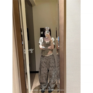 美式复古辣妹小众豹纹弯刀裤阔腿做旧洗水工装裤女秋LN15044-P55图片