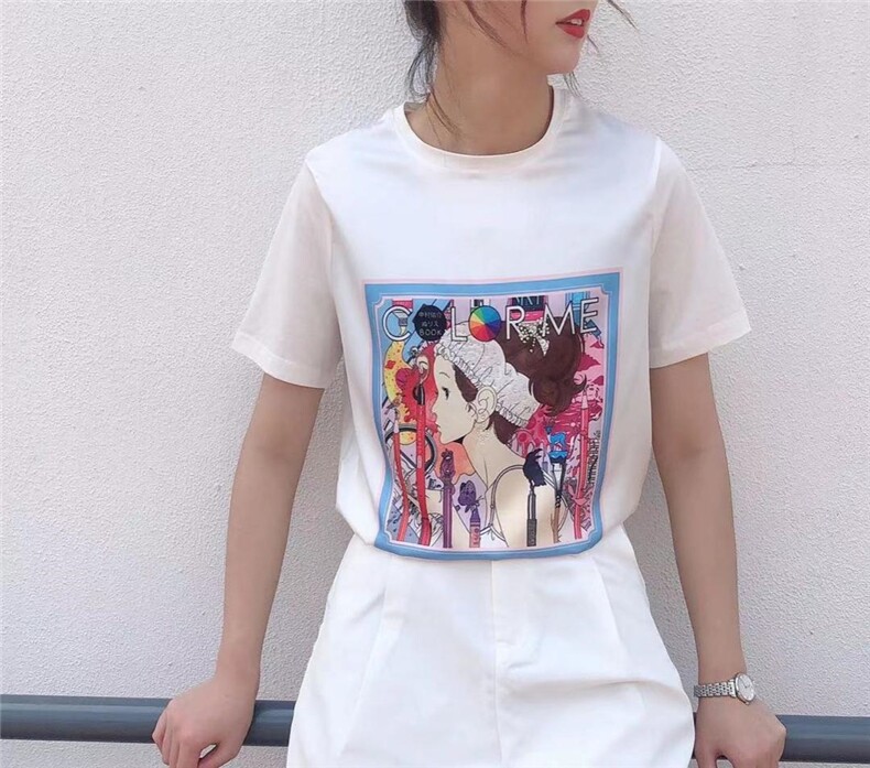夏季新款高弹牛奶丝印花漫画T，女装，格瑞琪
