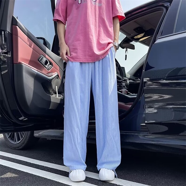 港风条纹休闲裤男女穿搭设计感宽松垂感直筒阔腿拖地长裤HJ11/P42,男装休闲裤,星座506
