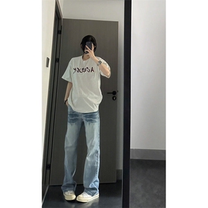 水洗闪电纹浅蓝色牛仔裤男款美式高街cleanfit裤子窄版弯刀微喇裤图片