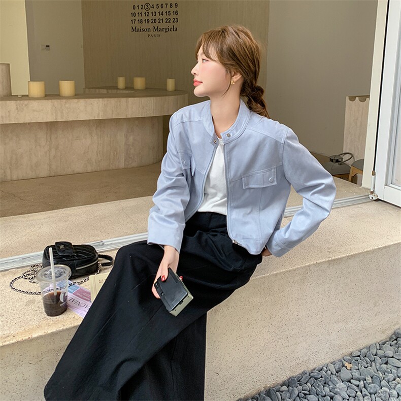 日常休闲风蓝色短款麂皮绒外套女春秋超火好看高级感小众夹克上衣,女装短外套,2C301