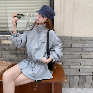 休闲收腰条纹立领外套女春秋2025新款小个子百褶上衣流行爆款漂亮图片