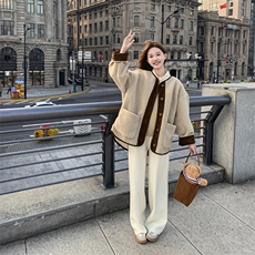 韩系chic咖色短款羊羔毛外套女秋冬超火好看高级小众加绒加厚夹克，女装毛呢外套，2C050