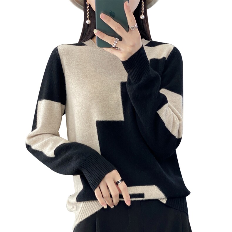 拼接撞色羊毛衫女2024秋冬新款宽松显瘦圆领套头,女装羊毛衫,鹿一羊绒