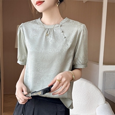新中式休闲短袖t恤女夏季2025新款套头百搭上衣，女装衬衫，温伦斯特羊绒
