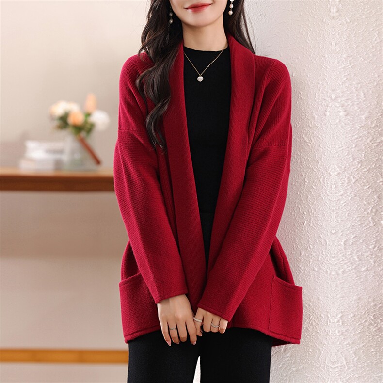 秋冬新款开衫女V领羊毛针织衫纯色休闲正反披肩，女装羊毛衫，江南羊绒