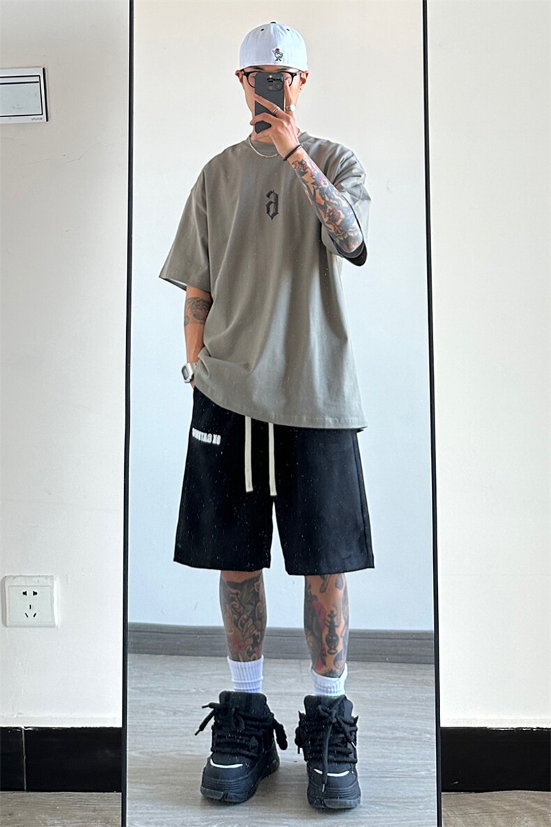 港风麂皮绒大码短裤休闲发泡裤印花五分裤A014-DY2383-P45控58,男装牛仔裤,电商A014