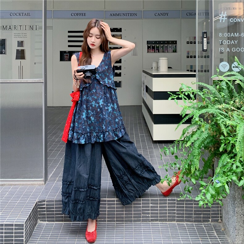 时尚减龄休闲风套装女2025夏季日系简约印花上衣木耳边阔腿裤套装,女装套装/套裙,2C166