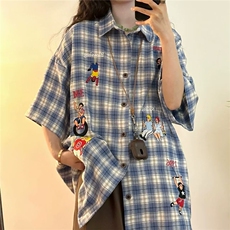 美式复古格子短袖衬衫女刺绣小众设计感上衣夏季学院风衬衣外套，男装T恤，星座1210-1