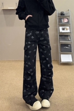 ins高街宽松印花工装牛仔裤男春秋季直筒设计感休闲微喇阔腿长裤，男装牛仔裤，电商B221