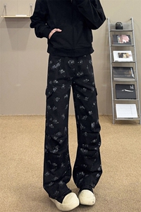 ins高街宽松印花工装牛仔裤男春秋季直筒设计感休闲微喇阔腿长裤图片