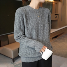 秋冬新款100%纯羊毛衫女韩版圆领镂空麻花套头毛衣羊绒针织打底衫，女装羊毛衫，美雪羊绒