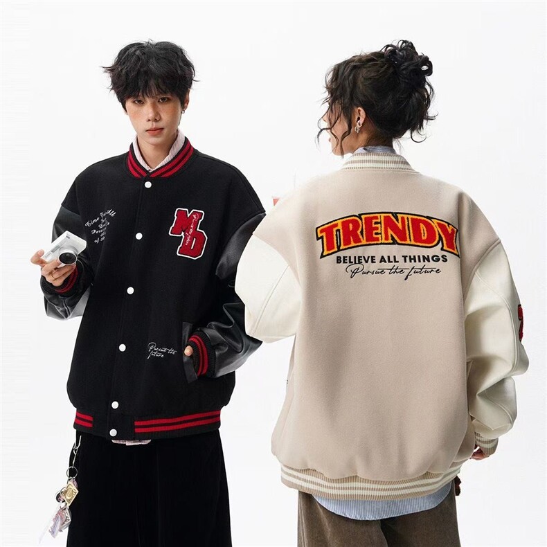 网络图现货美式复古黑红拼接刺绣男女款春秋宽松棒球服J5516-P70,女装职业装,星座715-7