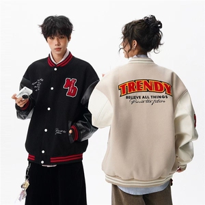 网络图现货 美式复古黑红拼接刺绣男女款春秋宽松棒球服J5516-P70图片