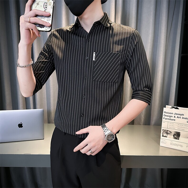 夏季男士七分袖条纹衬衫男休闲修身休闲衬衣A236-C660-P55,男装衬衫,电商A236
