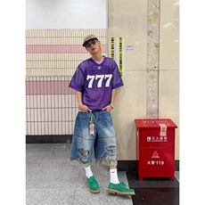 CP1235-P49美式复古拼接迷彩破洞牛仔七分裤夏季男女宽松休闲短，男装牛仔裤，电商B323A