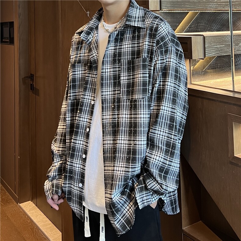 秋款潮流宽松男女情侣长袖烫钻格子衬衫外套212-2-DY74-P65,男装衬衫,星座808A-1