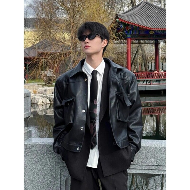 潮牌痞帅短款皮衣夹克韩版潮牌骑行机车服上衣外套JK636特P80,男装夹克,星座908-1