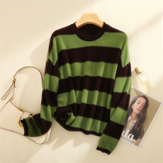 2025年秋季时尚百搭通勤简约休闲羊绒绿咖条纹拼色圆领,女装羊绒衫,恒标羊绒, 2025年秋季时尚百搭通勤简约休闲羊绒绿咖条纹拼色圆领,女装羊绒衫,恒标羊绒,