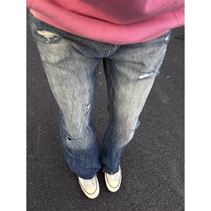 美式街头破洞牛仔裤男潮牌宽松直筒cleanfit闪电裤子WLA4111-P45图片