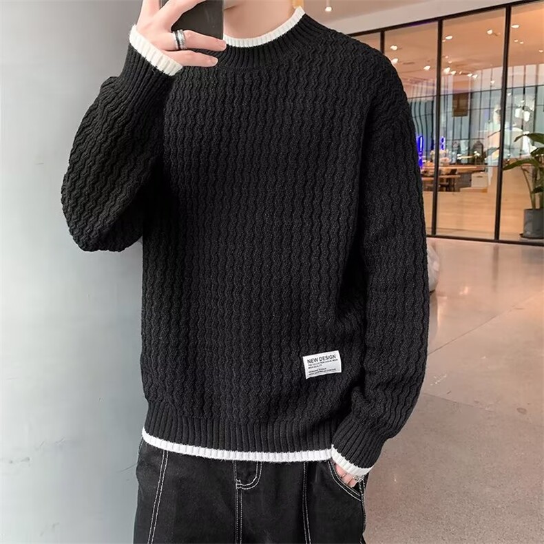 B040-P47冬季新款毛衣男士假两件半高领针织打底衫水波纹宽松,男装T恤,电商B323A