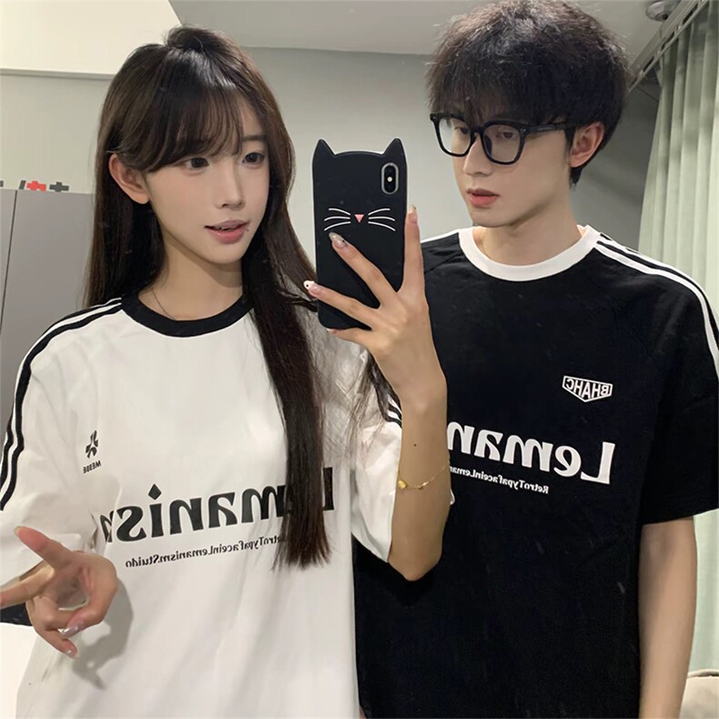 抖音得物供货240克宽松纯棉美式潮牌印花三杠半织带短袖T恤AT1601,男装T恤,电商A443