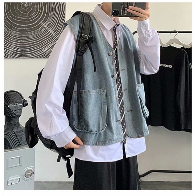 F399P49男生秋装新中式潮牛仔外套男复古宽松水洗做马甲，男装背心/马甲，星座512-6