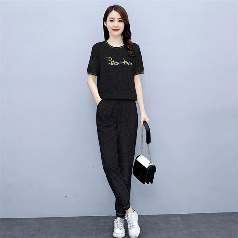 欧货洋气休闲时尚套装女2023年夏装新款蕾丝束脚裤两件套减龄显瘦,女装套装/套裙,梦依杭