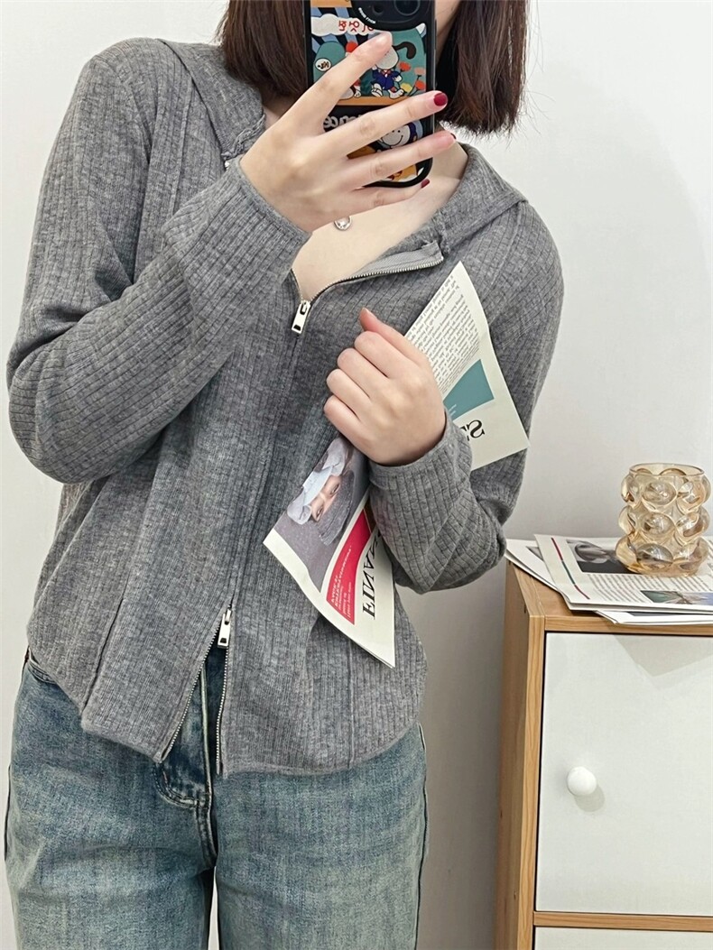 双拉链连帽针织开衫女薄款宽松坑条显瘦精纺羊毛衫女外套帽衫,女装羊毛衫,圣旺供货