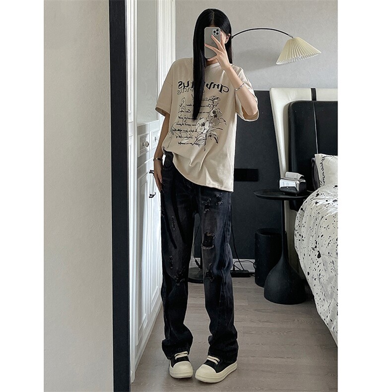 B221美式ins高街小众个性男女破洞牛仔裤LK23001-P65控88,男装牛仔裤,电商B221